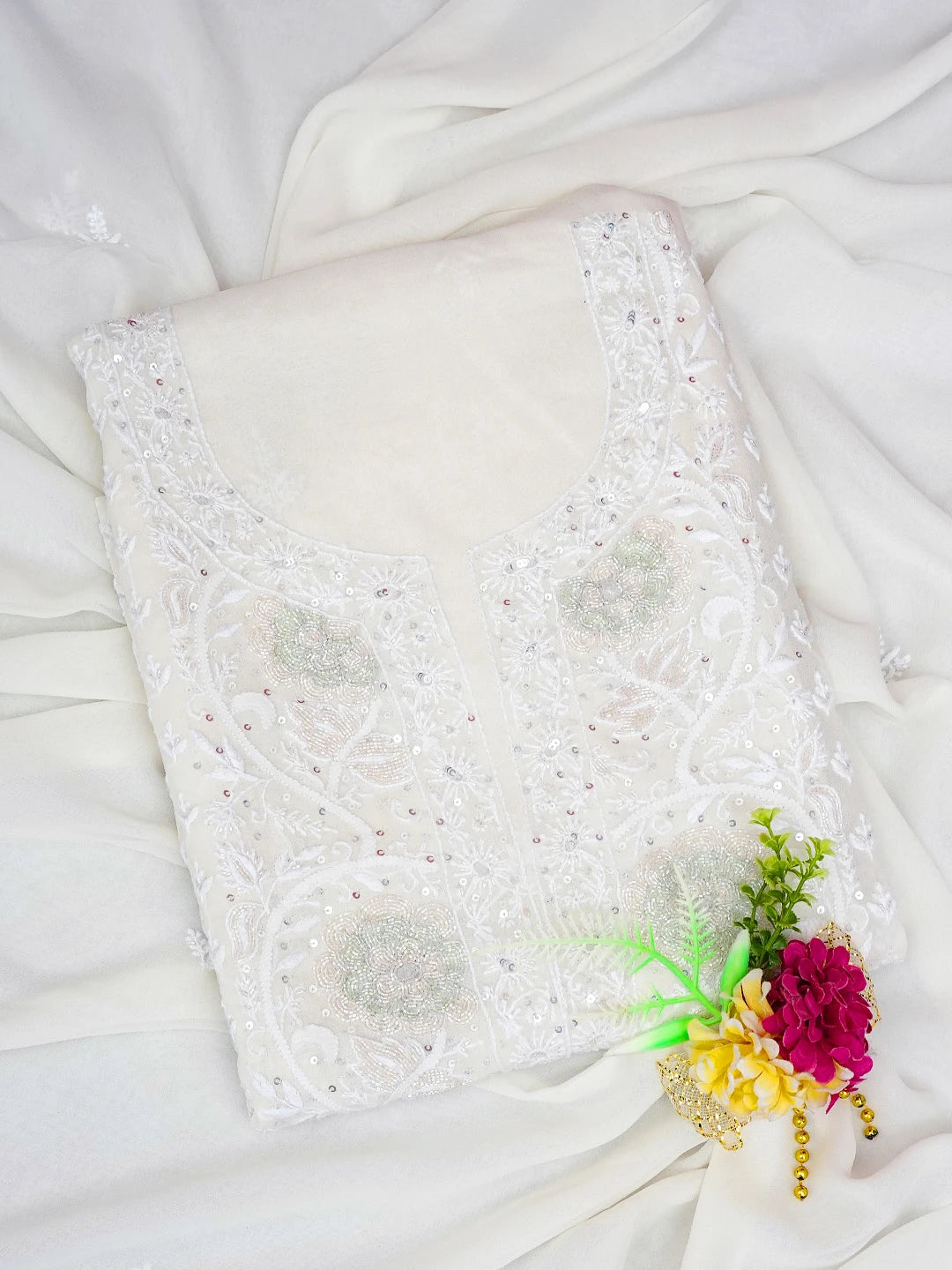 Ada Hand Embroidered White Pure Georgette Lucknowi Chikankari Unstitched Kurta Dupatta Set With Cutdana Work 01A752401