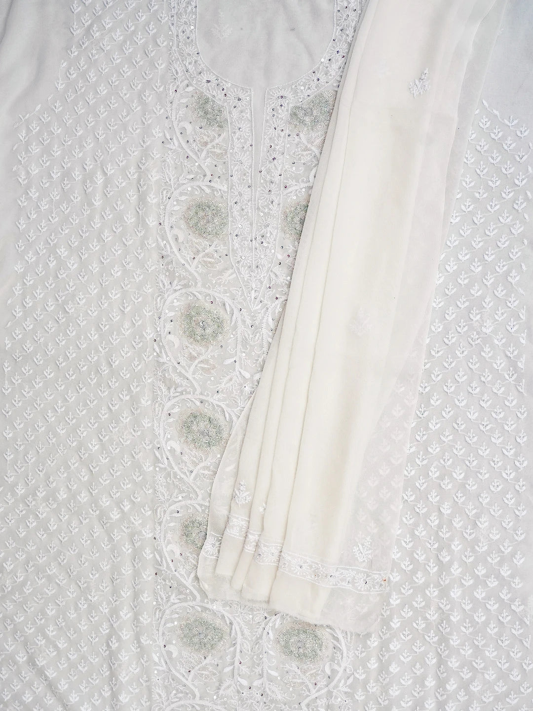 Ada Hand Embroidered White Pure Georgette Lucknowi Chikankari Unstitched Kurta Dupatta Set With Cutdana Work 01A752401