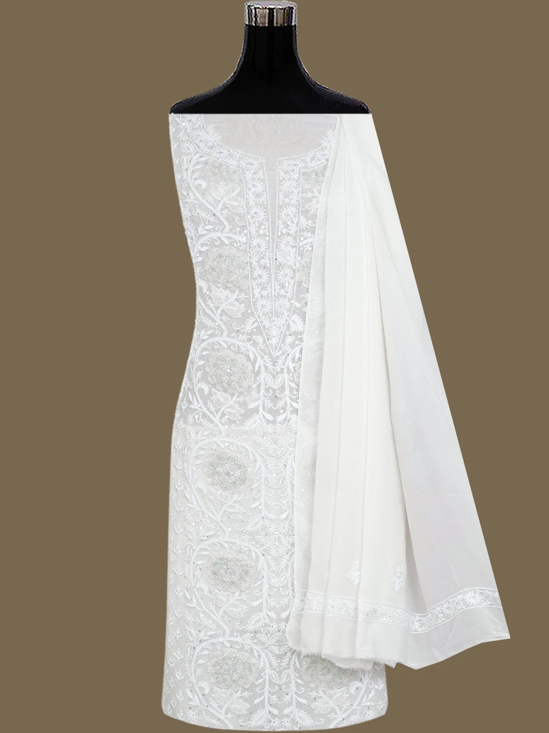 Ada Hand Embroidered White Pure Georgette Lucknowi Chikankari Unstitched Kurta Dupatta Set With Cutdana Work 01A752401