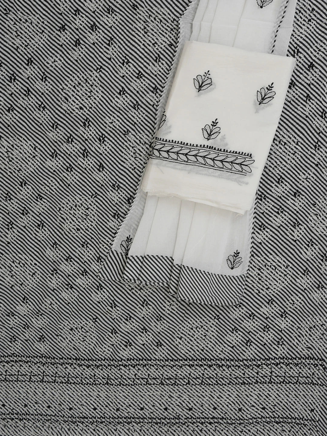 Ada Hand Embroidered Black and White Cotton Lucknowi Chikankari Unstitched Suit Piece 01A765275