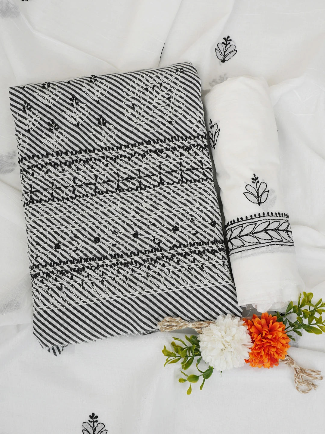 Ada Hand Embroidered Black and White Cotton Lucknowi Chikankari Unstitched Suit Piece 01A765275