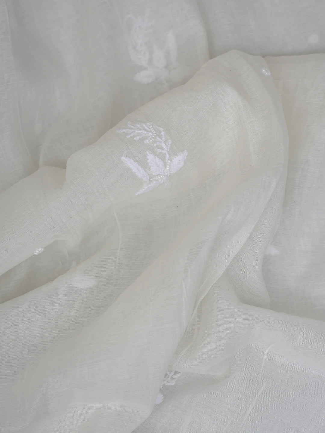 Ada Hand Embroidered White Chanderi Lucknowi Chikankari Unstitched Kurta Dupatta Set With Pearl Work 01A764529