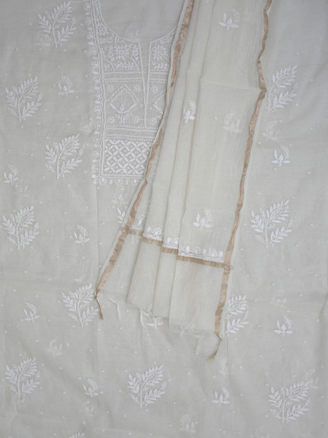 Ada Hand Embroidered White Chanderi Lucknowi Chikankari Unstitched Kurta Dupatta Set With Pearl Work 01A764529