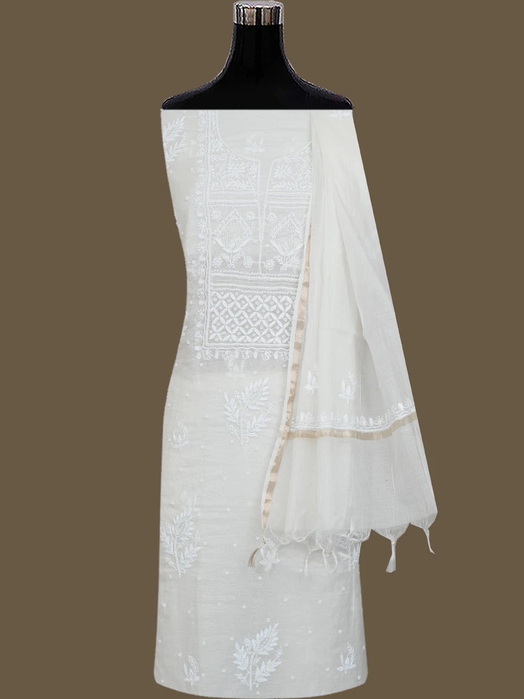 Ada Hand Embroidered White Chanderi Lucknowi Chikankari Unstitched Kurta Dupatta Set With Pearl Work 01A764529