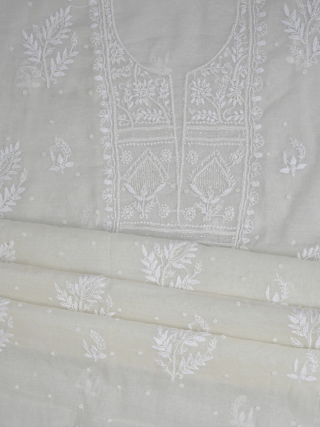 Ada Hand Embroidered White Chanderi Lucknowi Chikankari Unstitched Kurta Dupatta Set With Pearl Work 01A764529