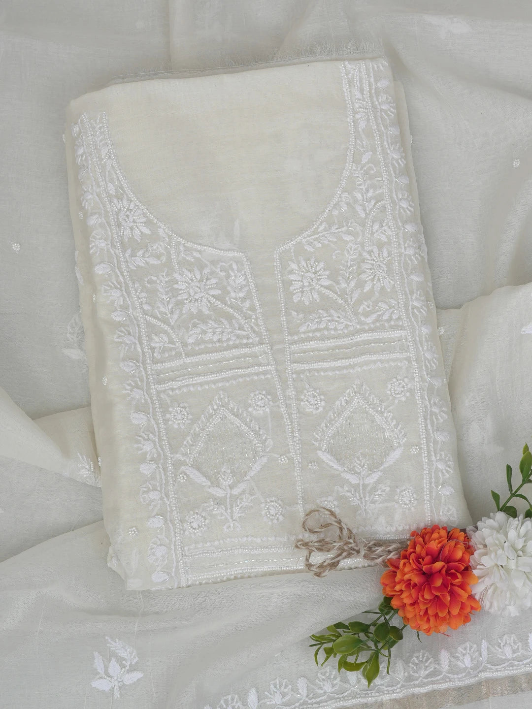 Ada Hand Embroidered White Chanderi Lucknowi Chikankari Unstitched Kurta Dupatta Set With Pearl Work 01A764529