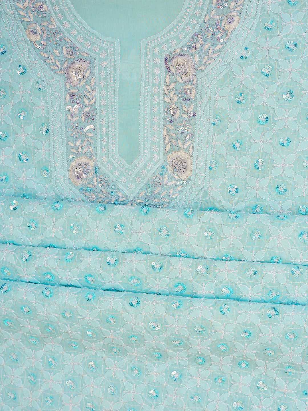 Ada Hand Embroidered Sky Blue Cotton Lucknowi Chikankari Unstitched Suit Piece With Sequinned Work 01A764812