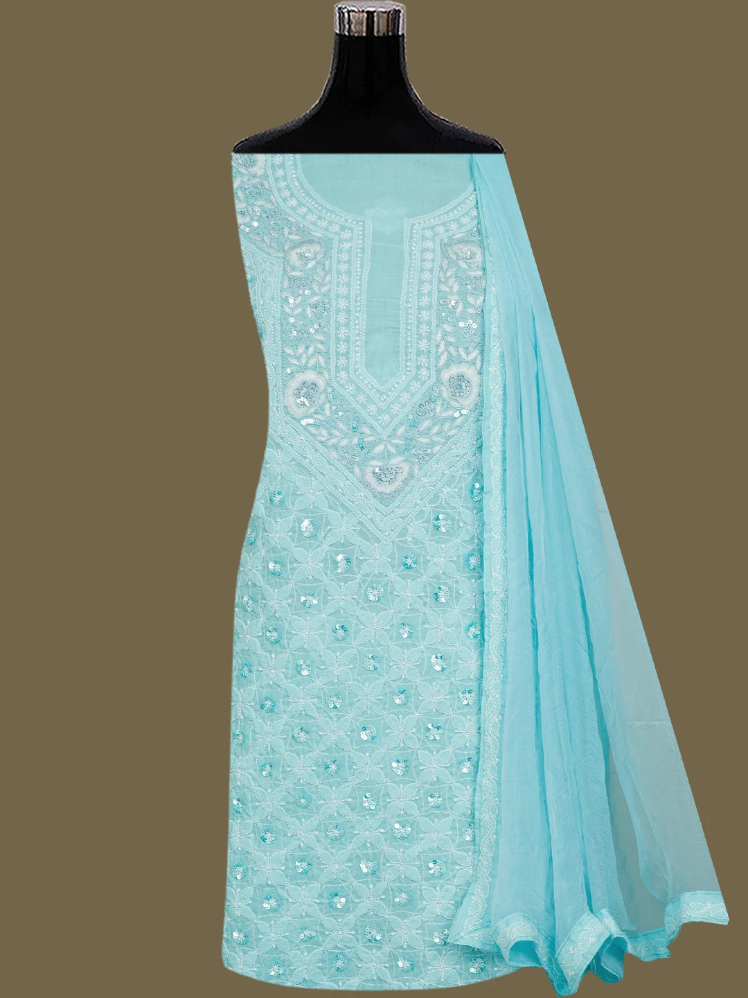 Ada Hand Embroidered Sky Blue Cotton Lucknowi Chikankari Unstitched Suit Piece With Sequinned Work 01A764812