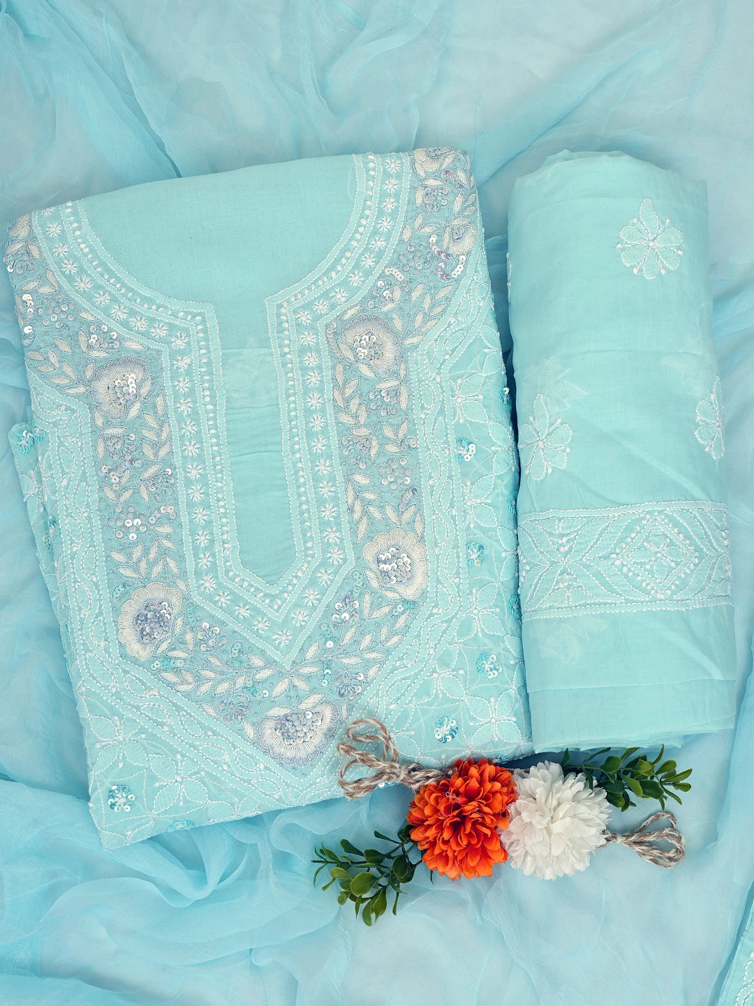 Ada Hand Embroidered Sky Blue Cotton Lucknowi Chikankari Unstitched Suit Piece With Sequinned Work 01A764812