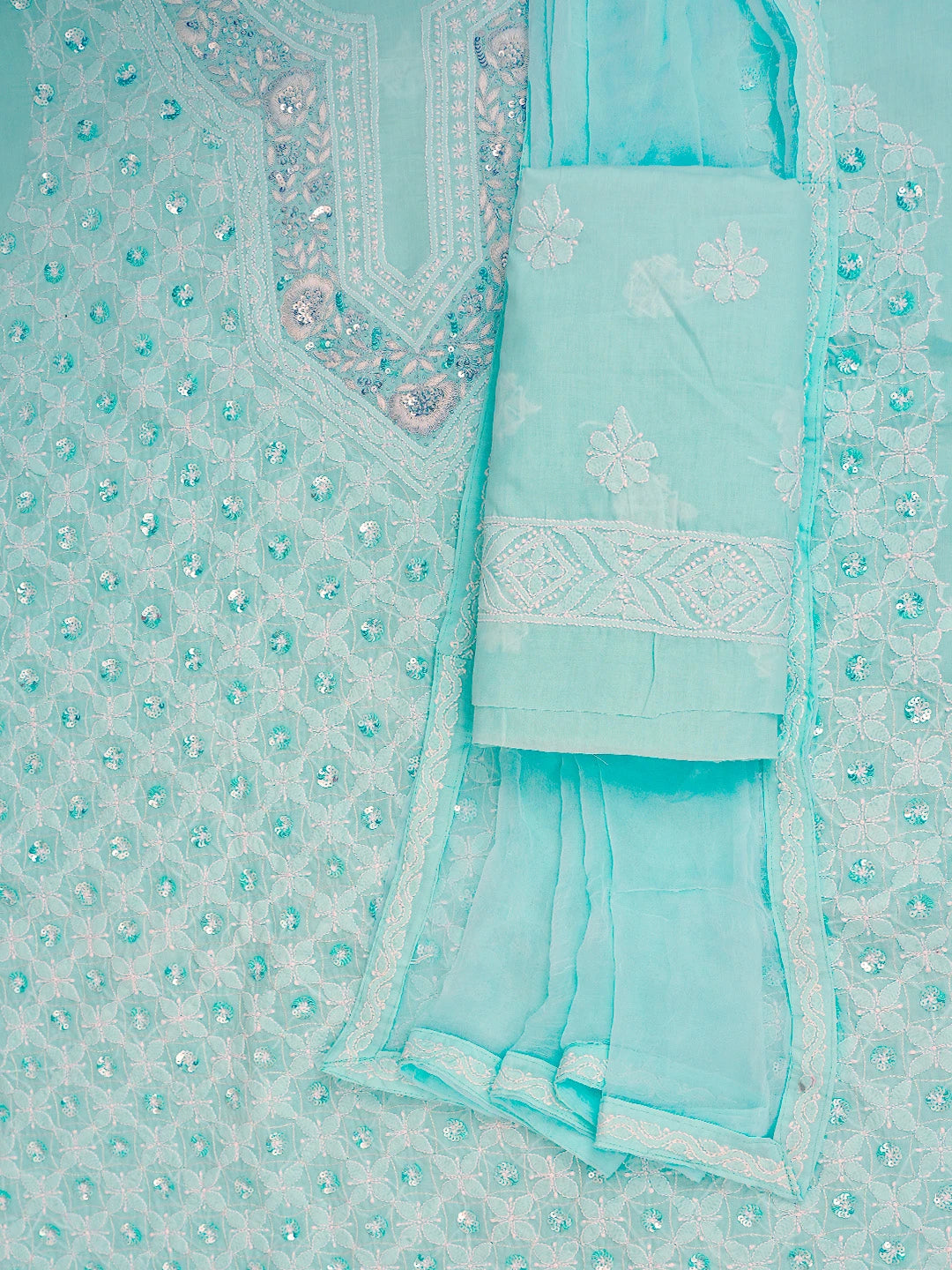 Ada Hand Embroidered Sky Blue Cotton Lucknowi Chikankari Unstitched Suit Piece With Sequinned Work 01A764812