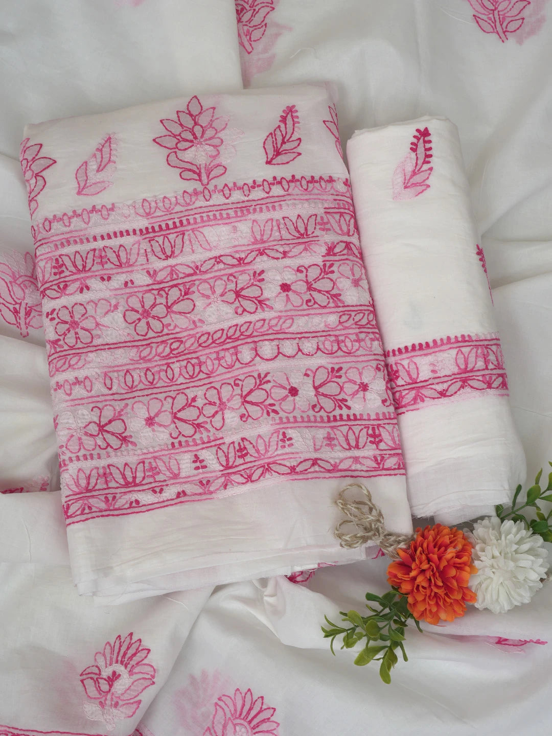 Ada Hand Embroidered White Cotton Lucknowi Chikankari Unstitched Suit Piece 01A765269