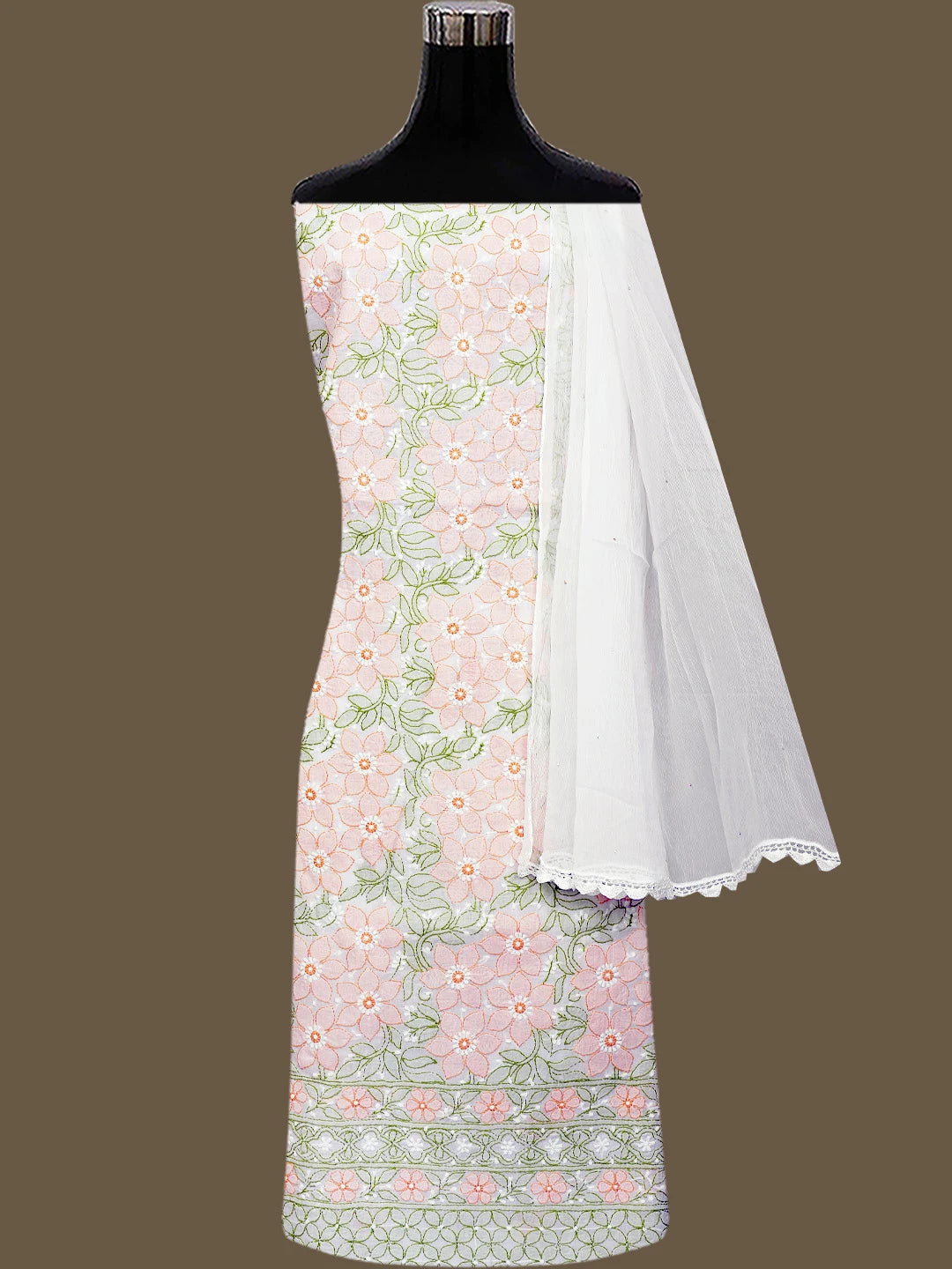 Ada Hand Embroidered White Cotton Lucknowi Chikankari Unstitched Suit Piece With Muqaish Work 01A765407