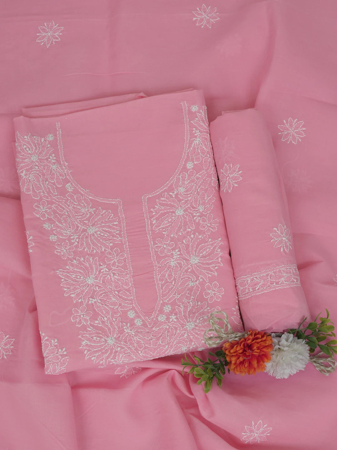 Ada Hand Embroidered Pink Cotton Lucknowi Chikankari Unstitched Suit Piece 01A765262