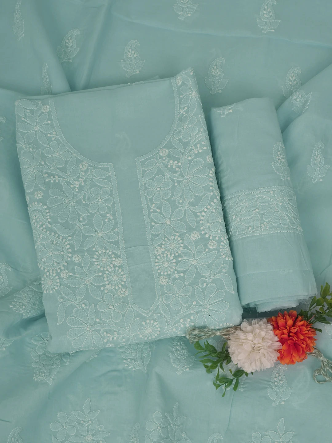 Ada Hand Embroidered Light Blue Cotton Lucknowi Chikankari Unstitched Suit Piece 01A764944