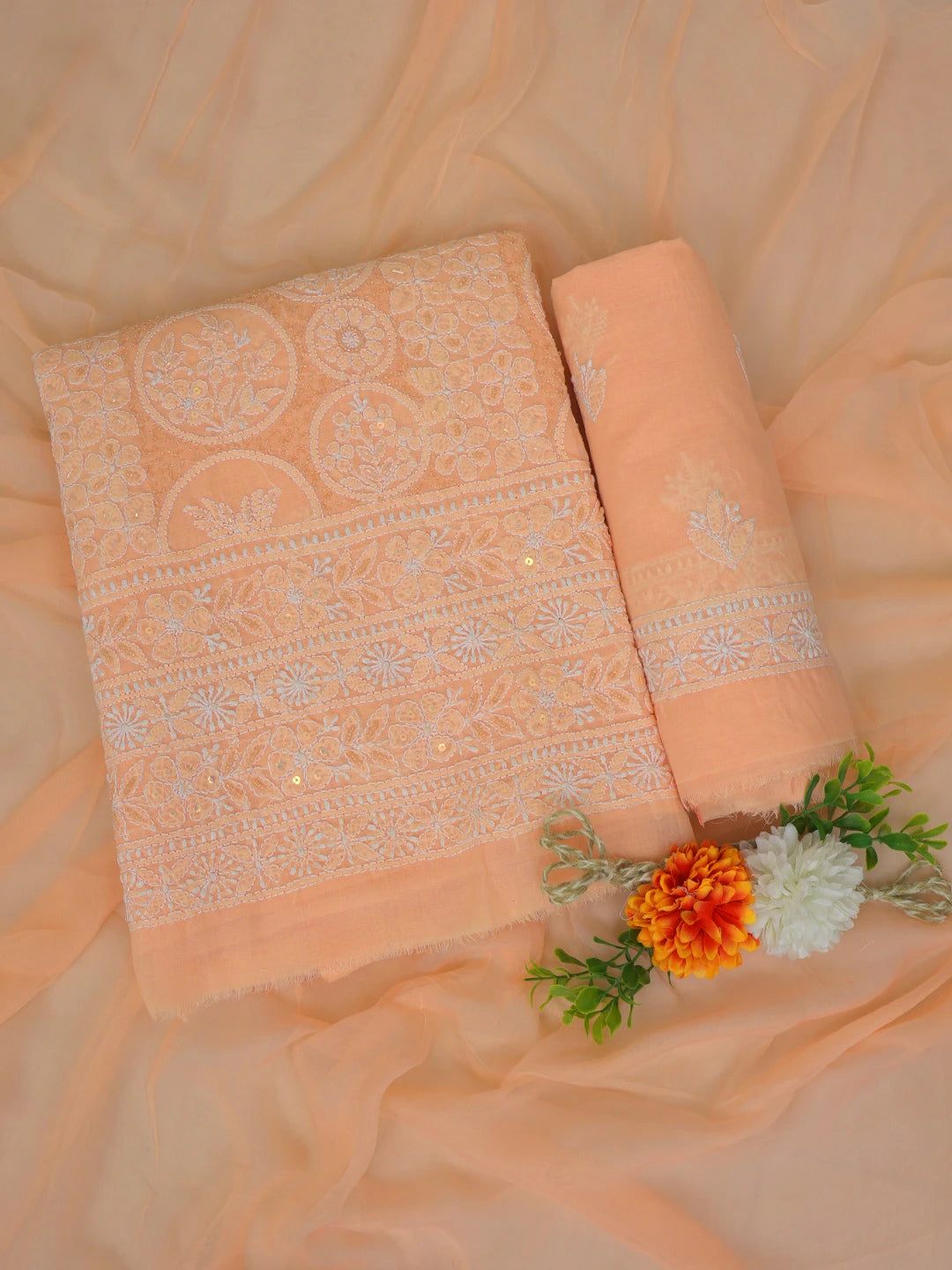 Ada Hand Embroidered Peach Cotton Lucknowi Chikankari Unstitched Suit Piece With Cutdana Work 01A764878