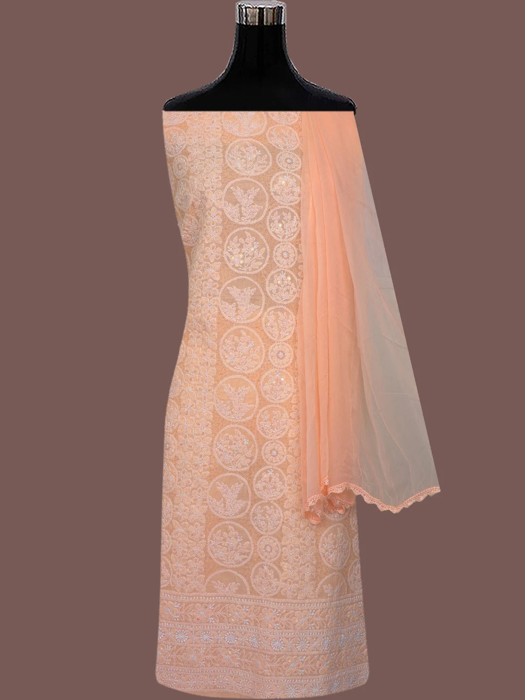 Ada Hand Embroidered Peach Cotton Lucknowi Chikankari Unstitched Suit Piece With Cutdana Work 01A764878
