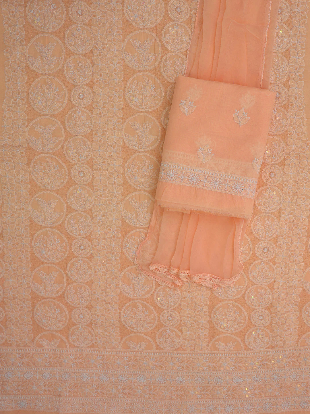 Ada Hand Embroidered Peach Cotton Lucknowi Chikankari Unstitched Suit Piece With Cutdana Work 01A764878