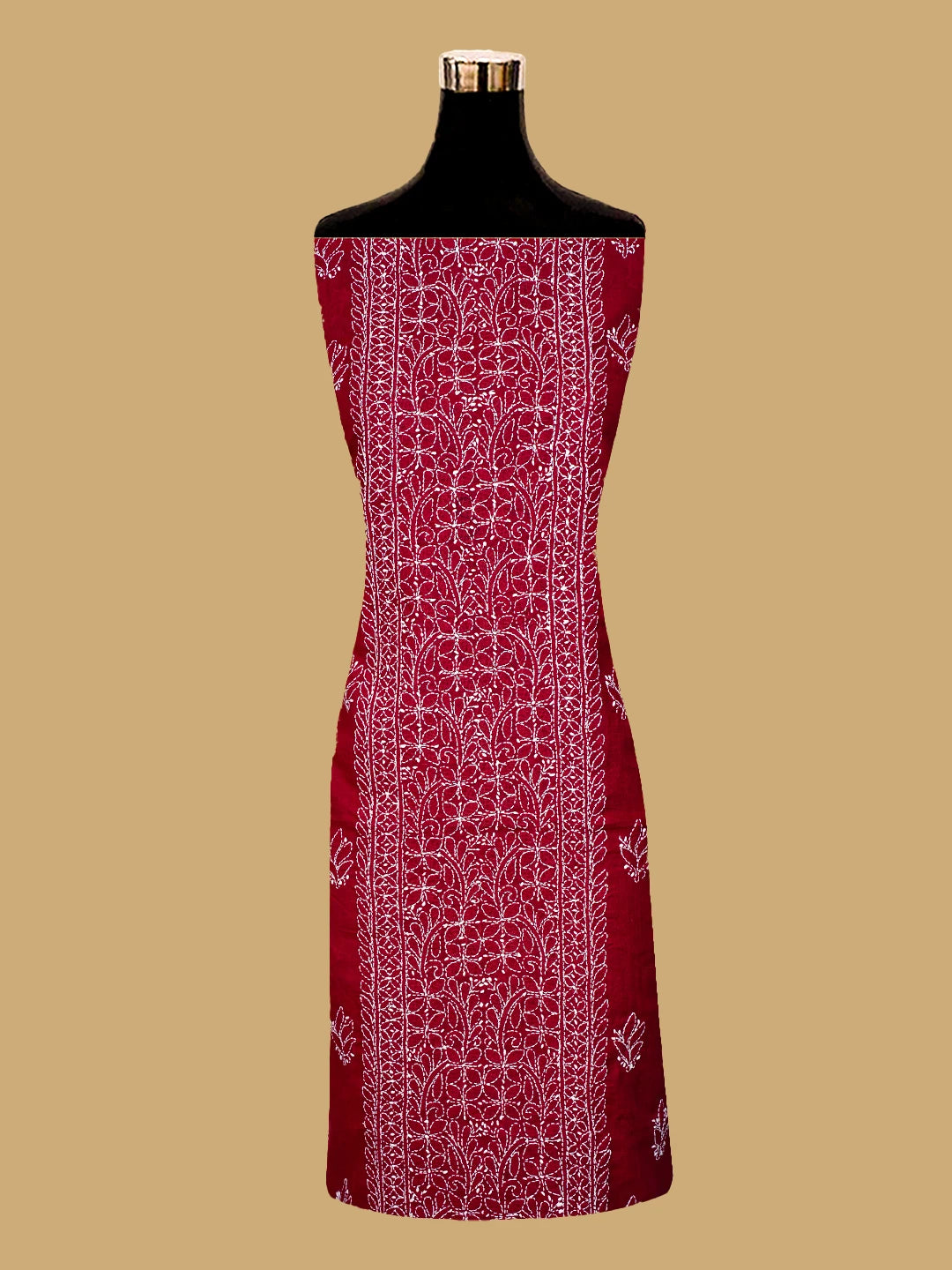 Ada Hand Embroidered Red Cotton Lucknowi Chikankari Unstitched Kurta Piece 01A758733