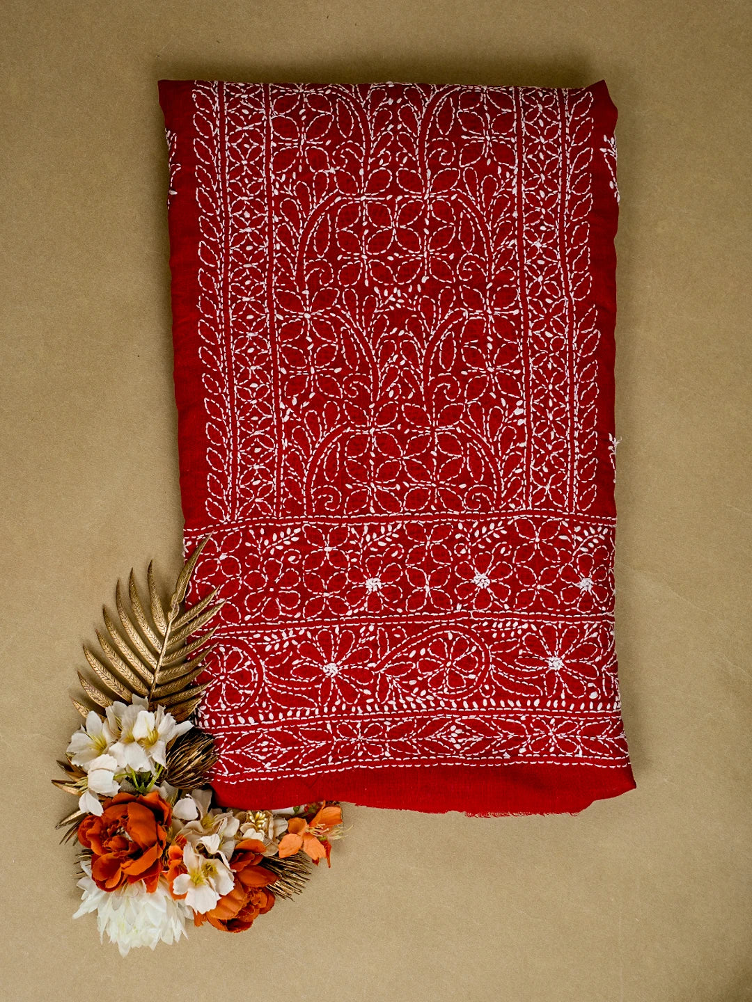 Ada Hand Embroidered Red Cotton Lucknowi Chikankari Unstitched Kurta Piece 01A758733