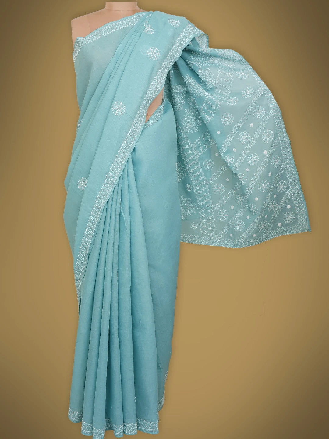 Ada Hand Embroidered Cadet Gray Cotton Lucknow Chikan Saree With Blouse 01A763950