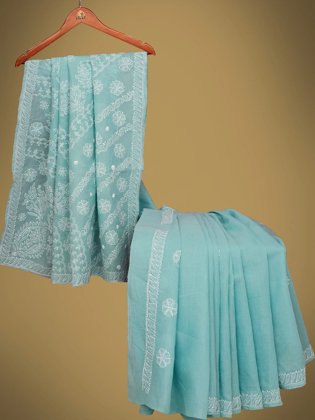 Ada Hand Embroidered Cadet Gray Cotton Lucknow Chikan Saree With Blouse 01A763950