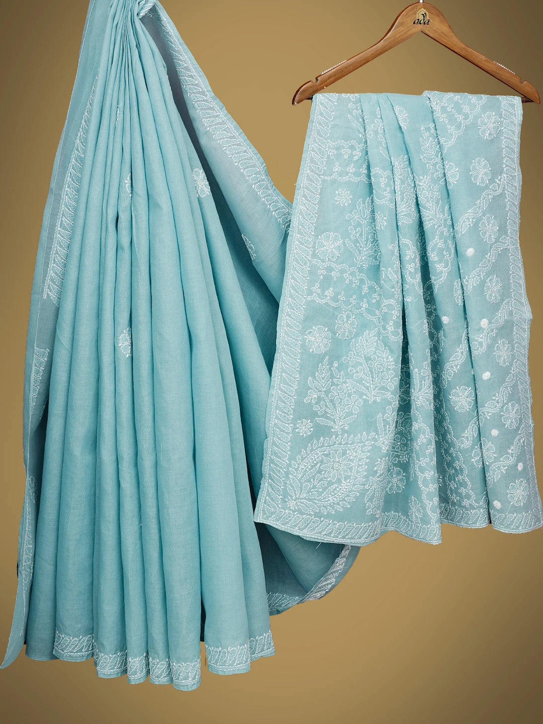 Ada Hand Embroidered Cadet Gray Cotton Lucknow Chikan Saree With Blouse 01A763950