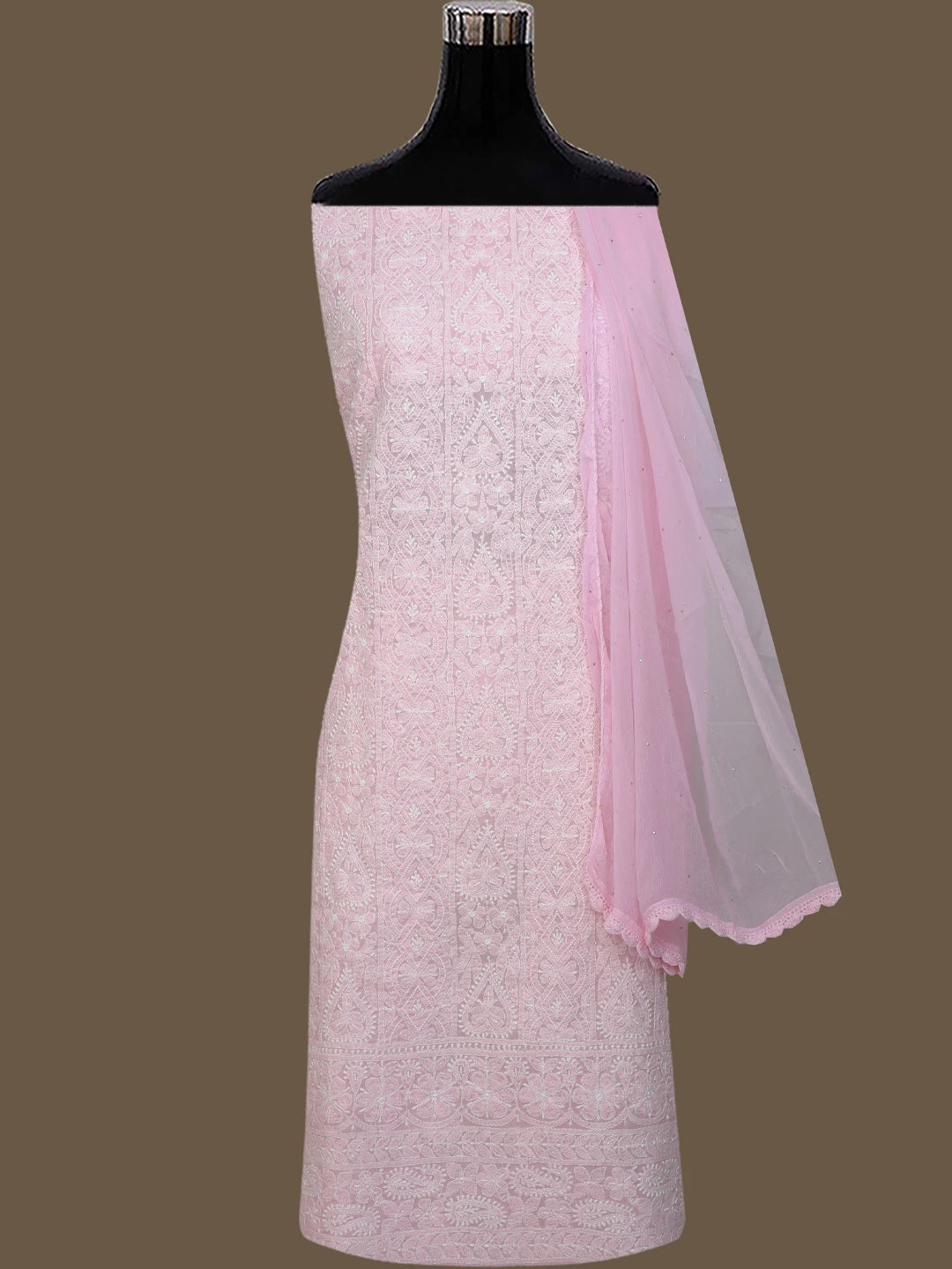 Ada Hand Embroidered Pink Cotton Lucknowi Chikankari Unstitched Suit Piece With Cutdana Work 01A762632