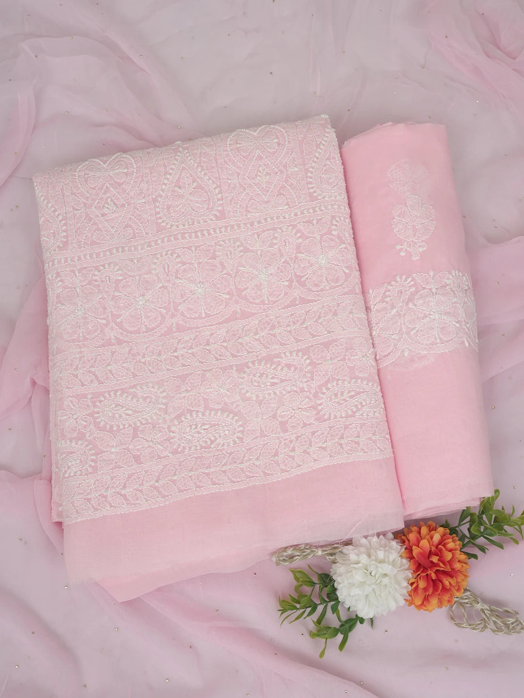 Ada Hand Embroidered Pink Cotton Lucknowi Chikankari Unstitched Suit Piece With Cutdana Work 01A762632