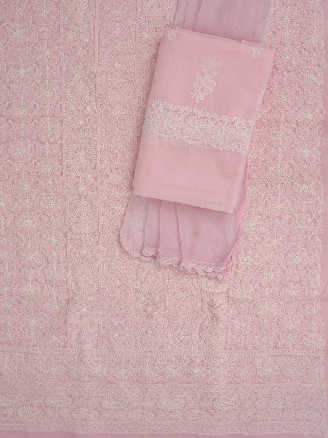 Ada Hand Embroidered Pink Cotton Lucknowi Chikankari Unstitched Suit Piece With Cutdana Work 01A762632