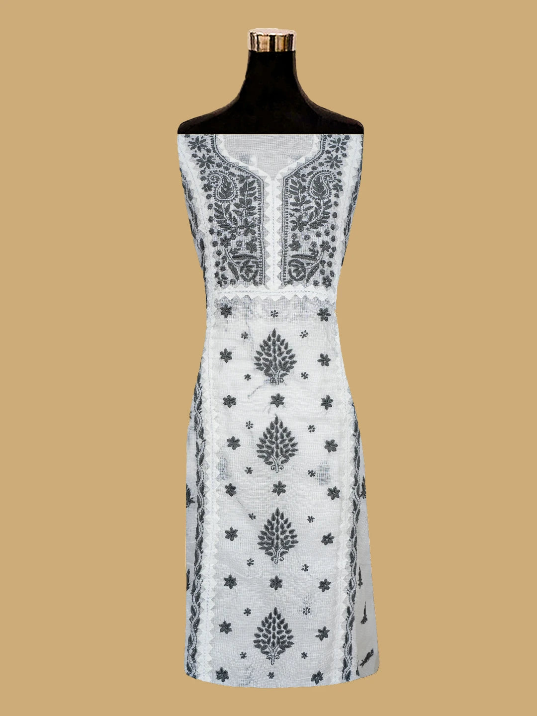 Ada Hand Embroidered White Kota Lucknowi Chikankari Unstitched Kurta Dupatta Set 01A754552