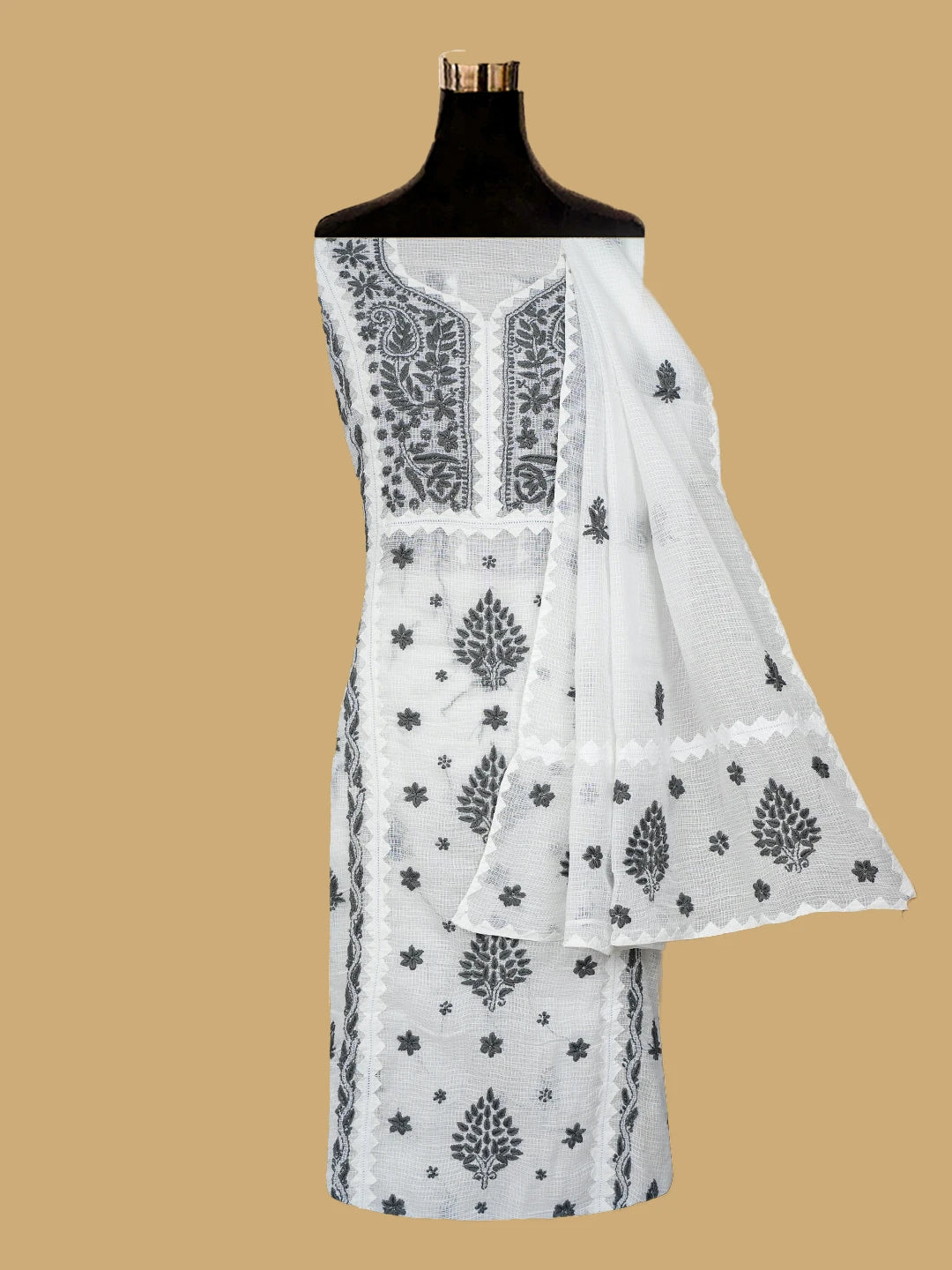Ada Hand Embroidered White Kota Lucknowi Chikankari Unstitched Kurta Dupatta Set 01A754552