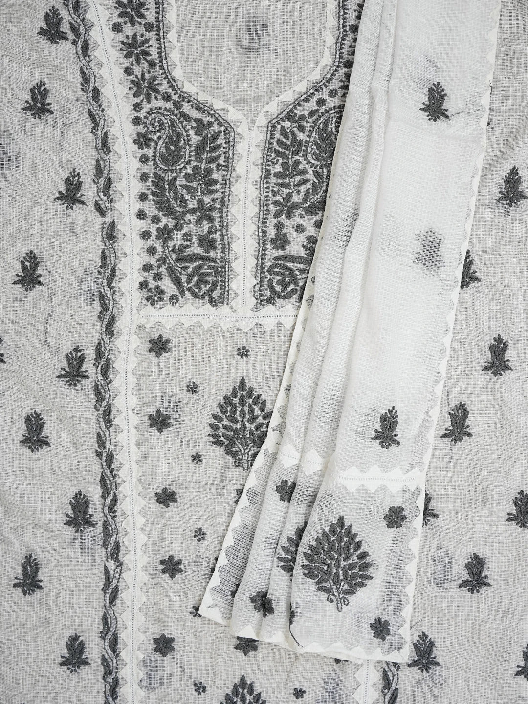 Ada Hand Embroidered White Kota Lucknowi Chikankari Unstitched Kurta Dupatta Set 01A754552