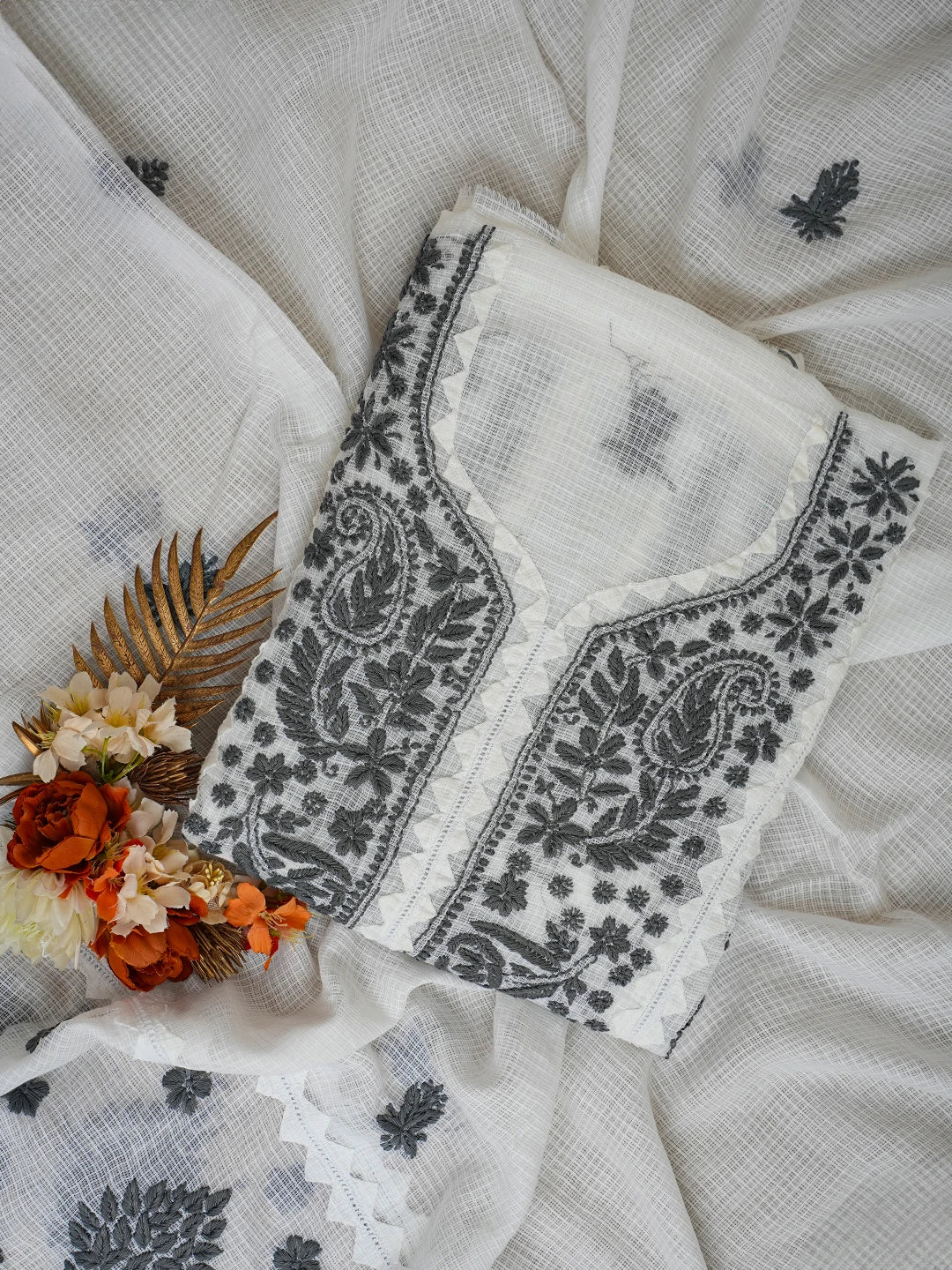 Ada Hand Embroidered White Kota Lucknowi Chikankari Unstitched Kurta Dupatta Set 01A754552