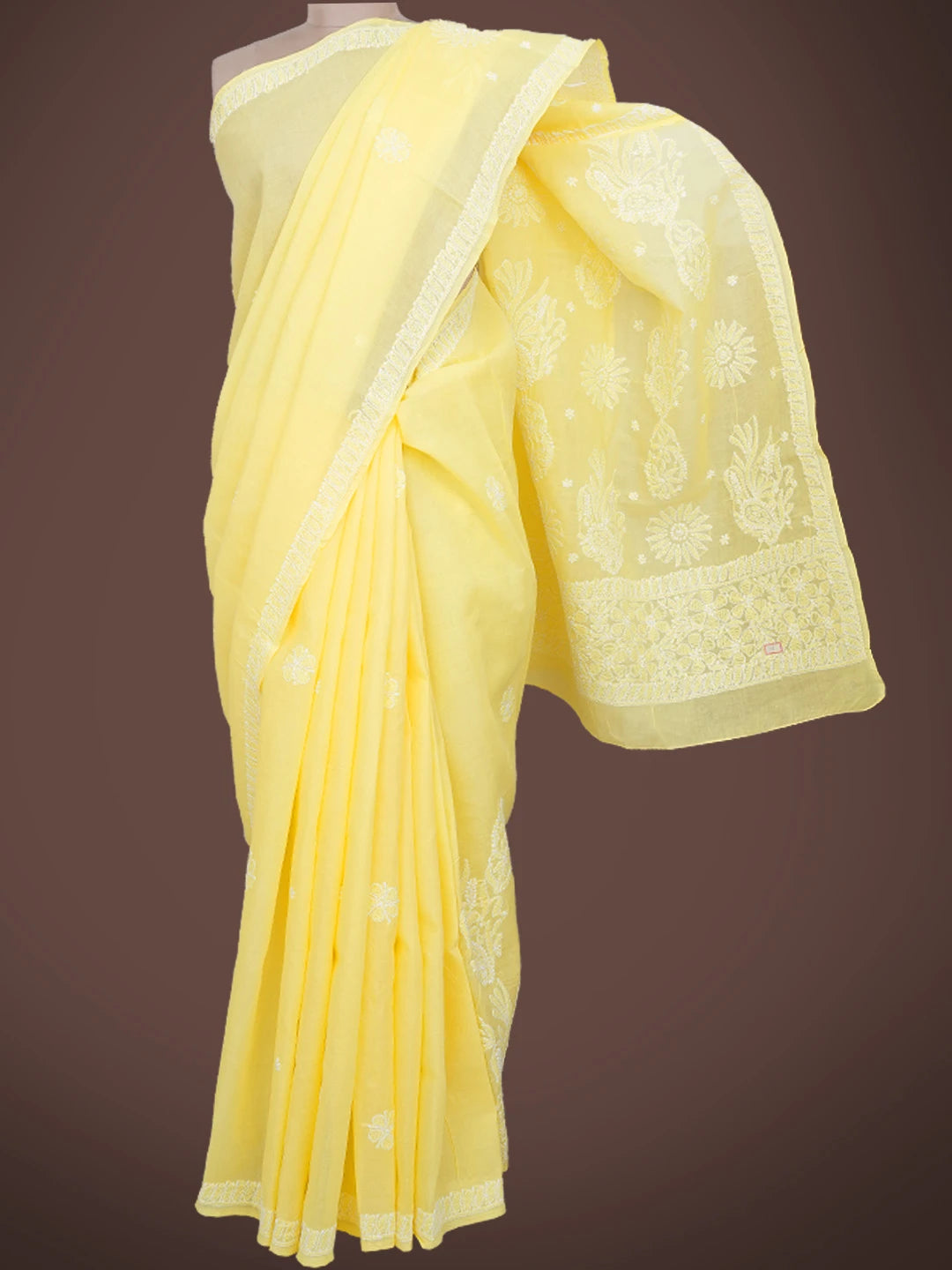 Ada Hand Embroidered Yellow Cotton Lucknowi Chikankari Saree With Blouse 01A763949