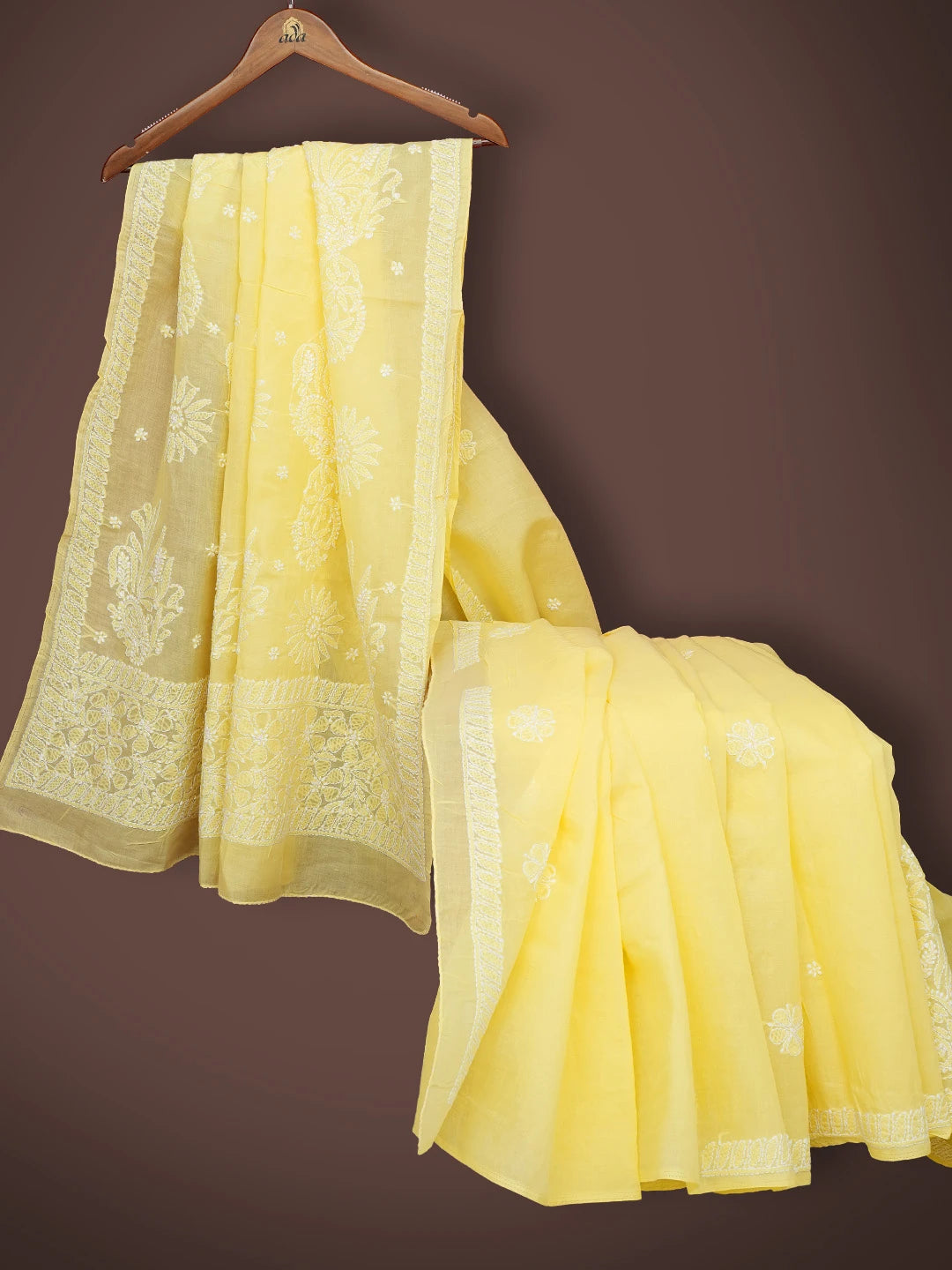 Ada Hand Embroidered Yellow Cotton Lucknowi Chikankari Saree With Blouse 01A763949