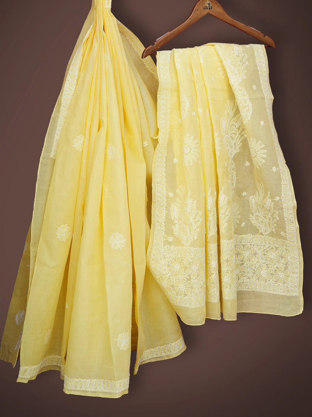 Ada Hand Embroidered Yellow Cotton Lucknowi Chikankari Saree With Blouse 01A763949
