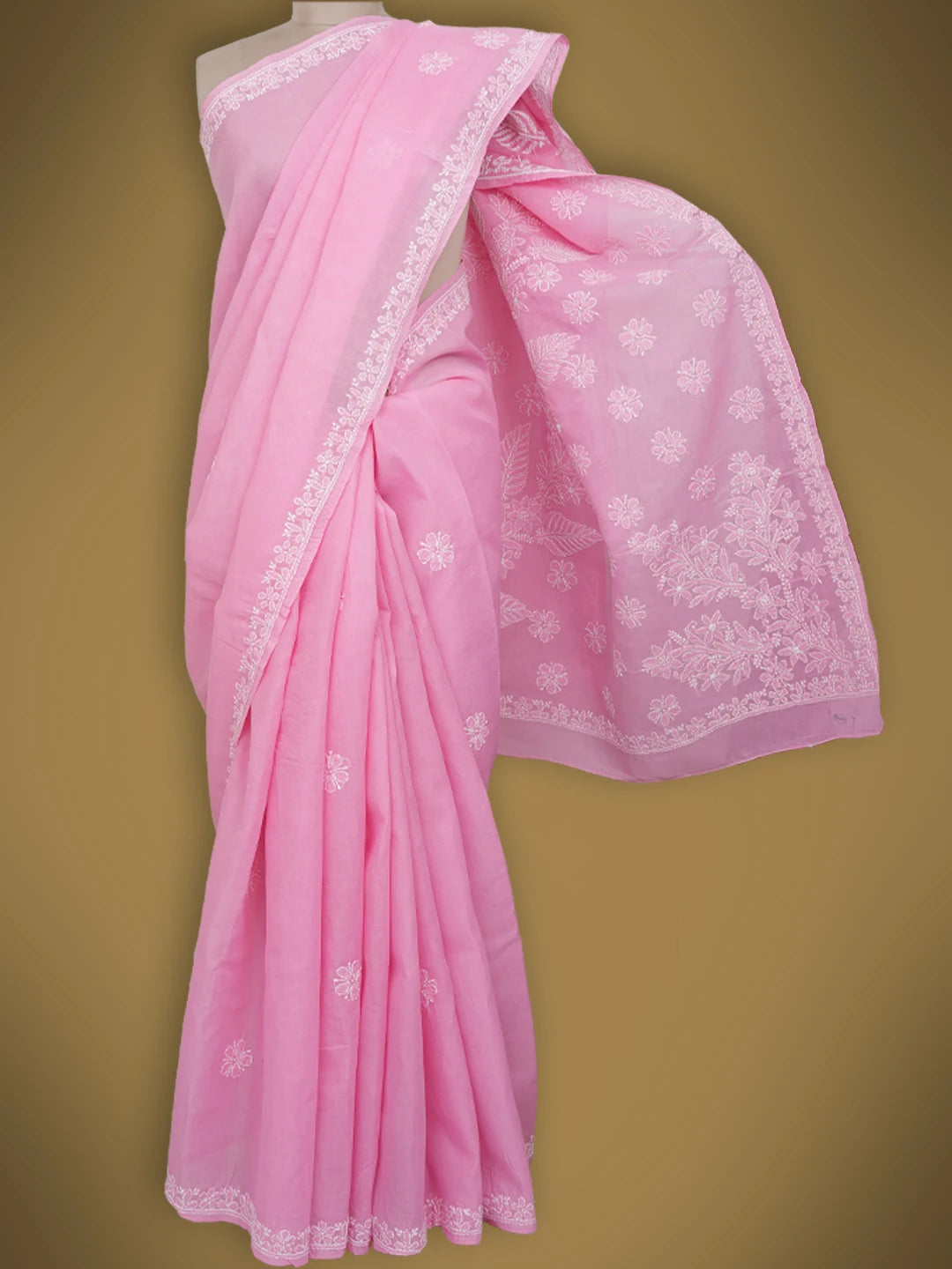 Ada Hand Embroidered Pink Cotton Lucknowi Chikankari Saree and Blouse 01A763952