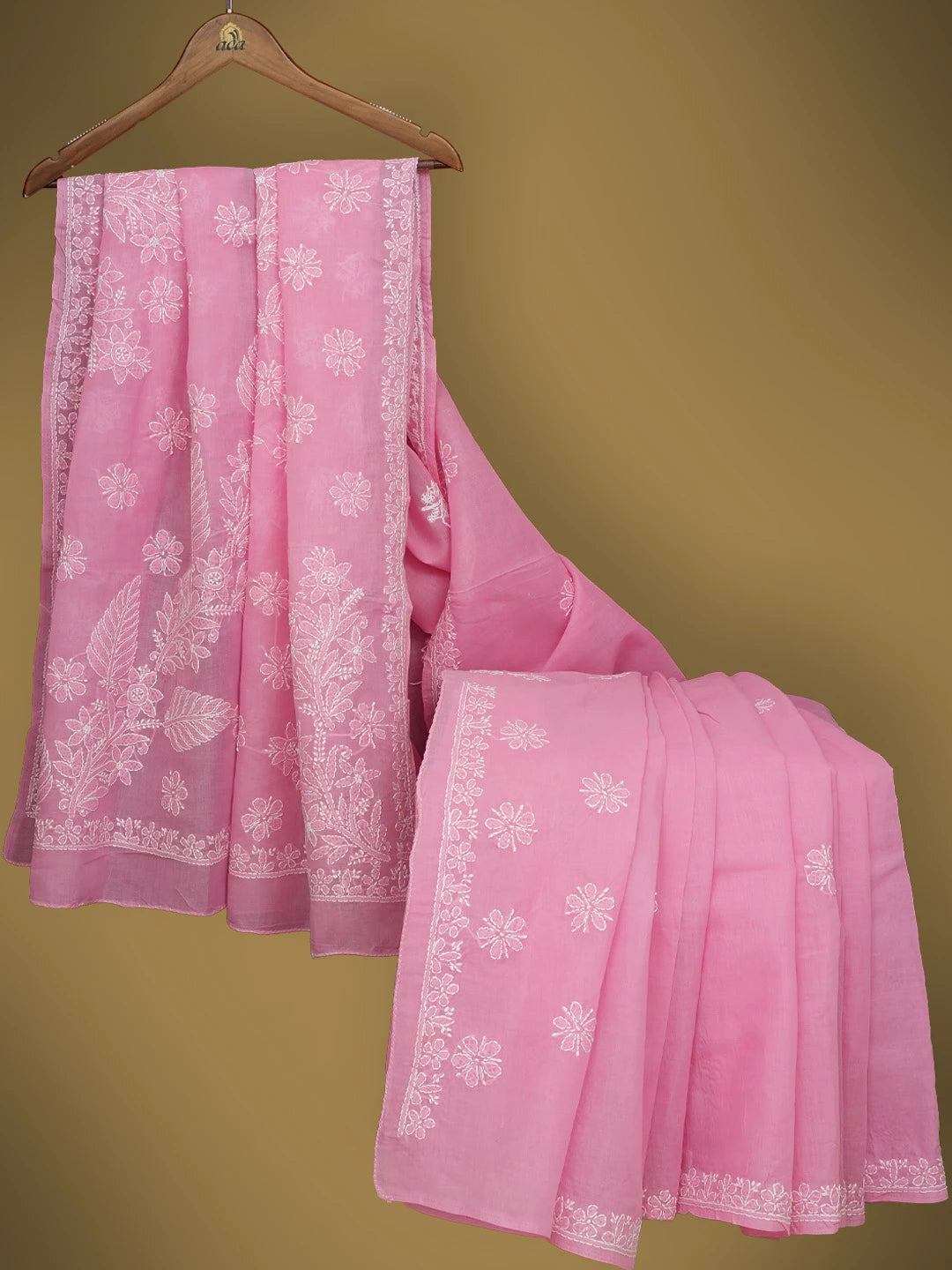 Ada Hand Embroidered Pink Cotton Lucknowi Chikankari Saree and Blouse 01A763952