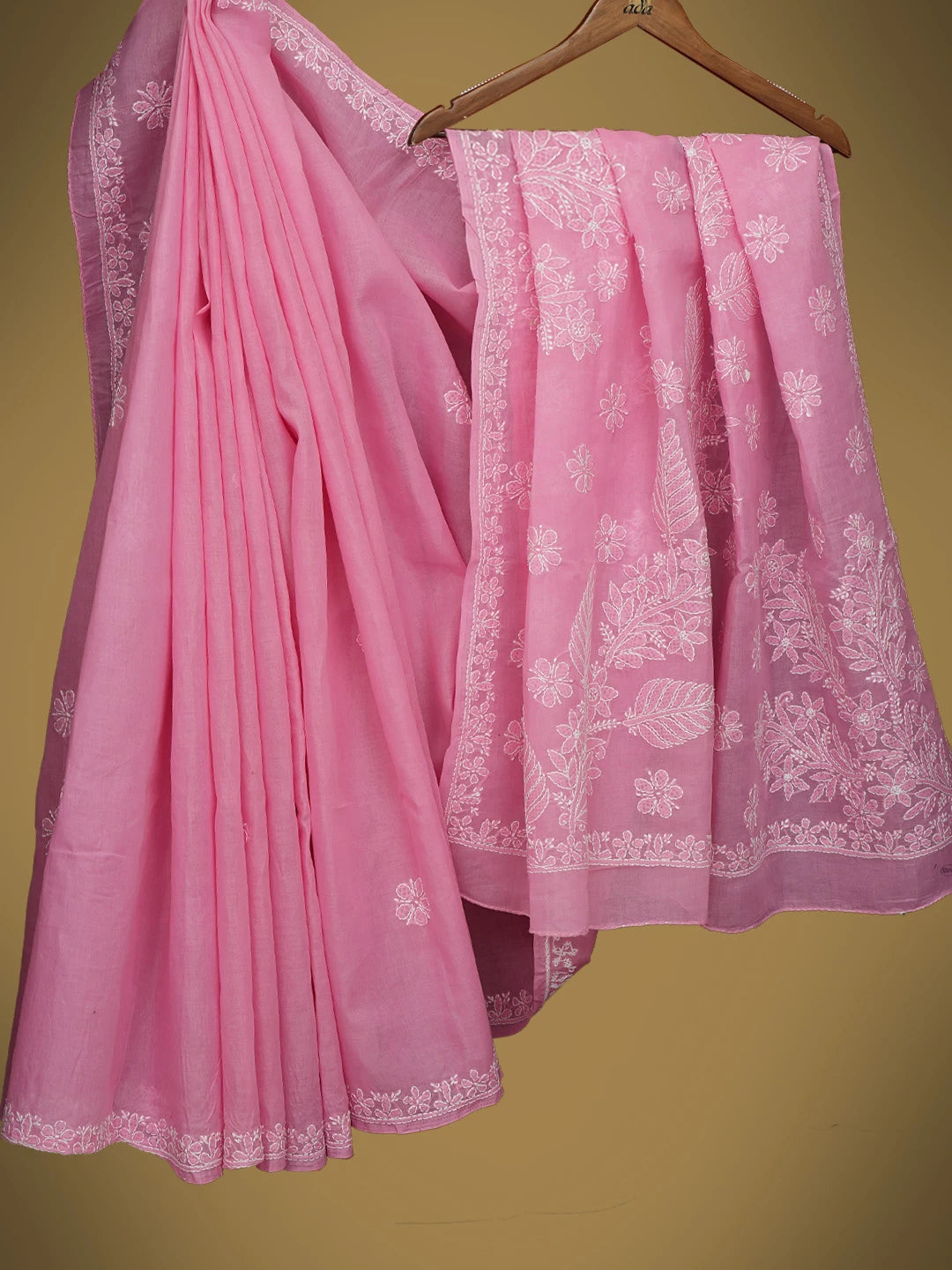 Ada Hand Embroidered Pink Cotton Lucknowi Chikankari Saree and Blouse 01A763952