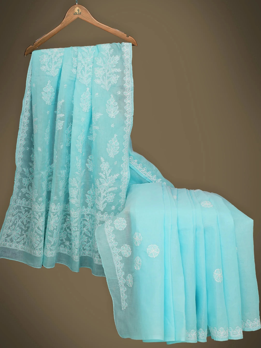 Ada Hand Embroidered Blue Cotton Lucknowi Chikankari Saree and Blouse 01A763951