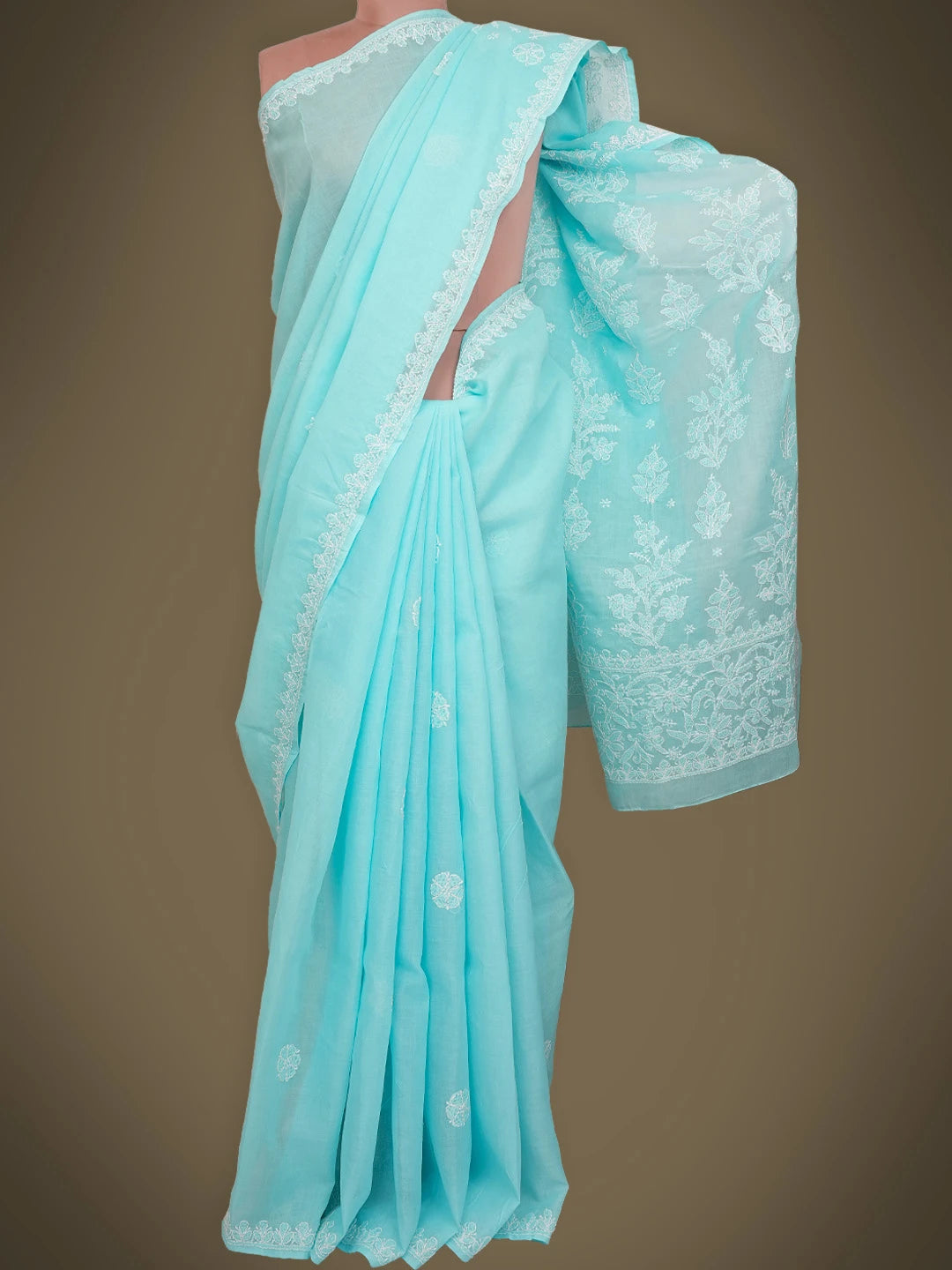 Ada Hand Embroidered Blue Cotton Lucknowi Chikankari Saree and Blouse 01A763951