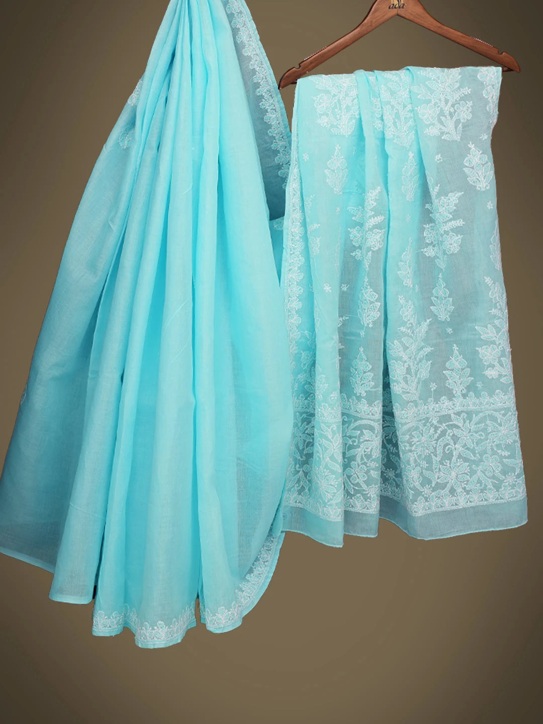 Ada Hand Embroidered Blue Cotton Lucknowi Chikankari Saree and Blouse 01A763951