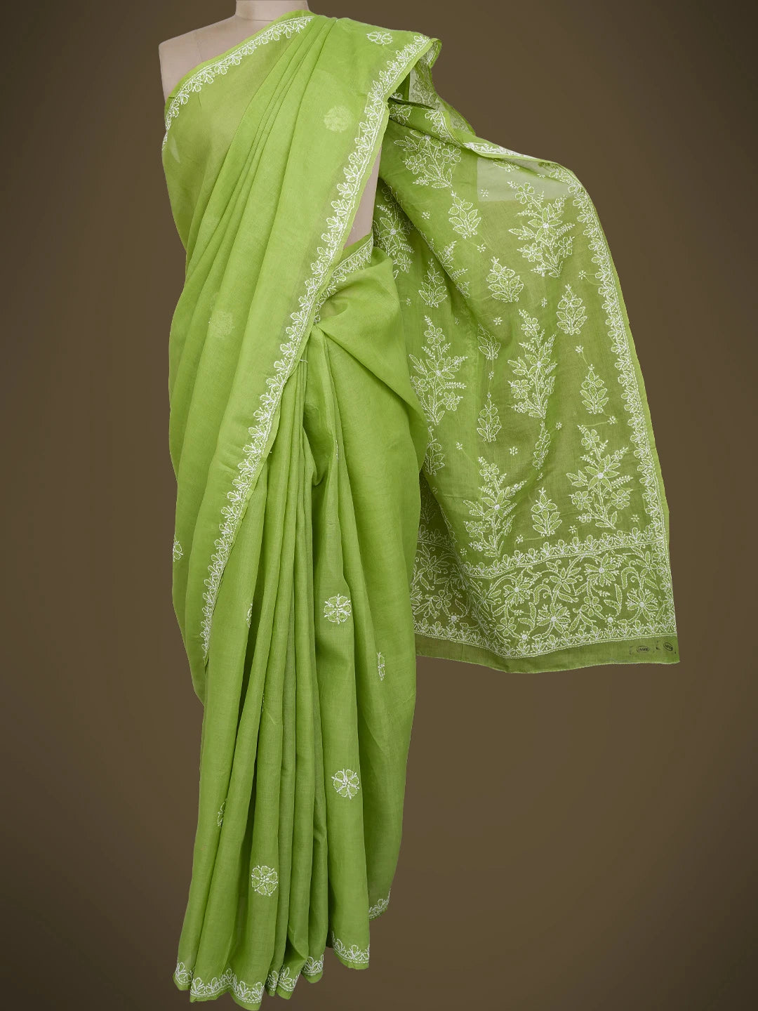 Ada Hand Embroidered Green Cotton Lucknowi Chikankari Saree With Blouse 01A763948