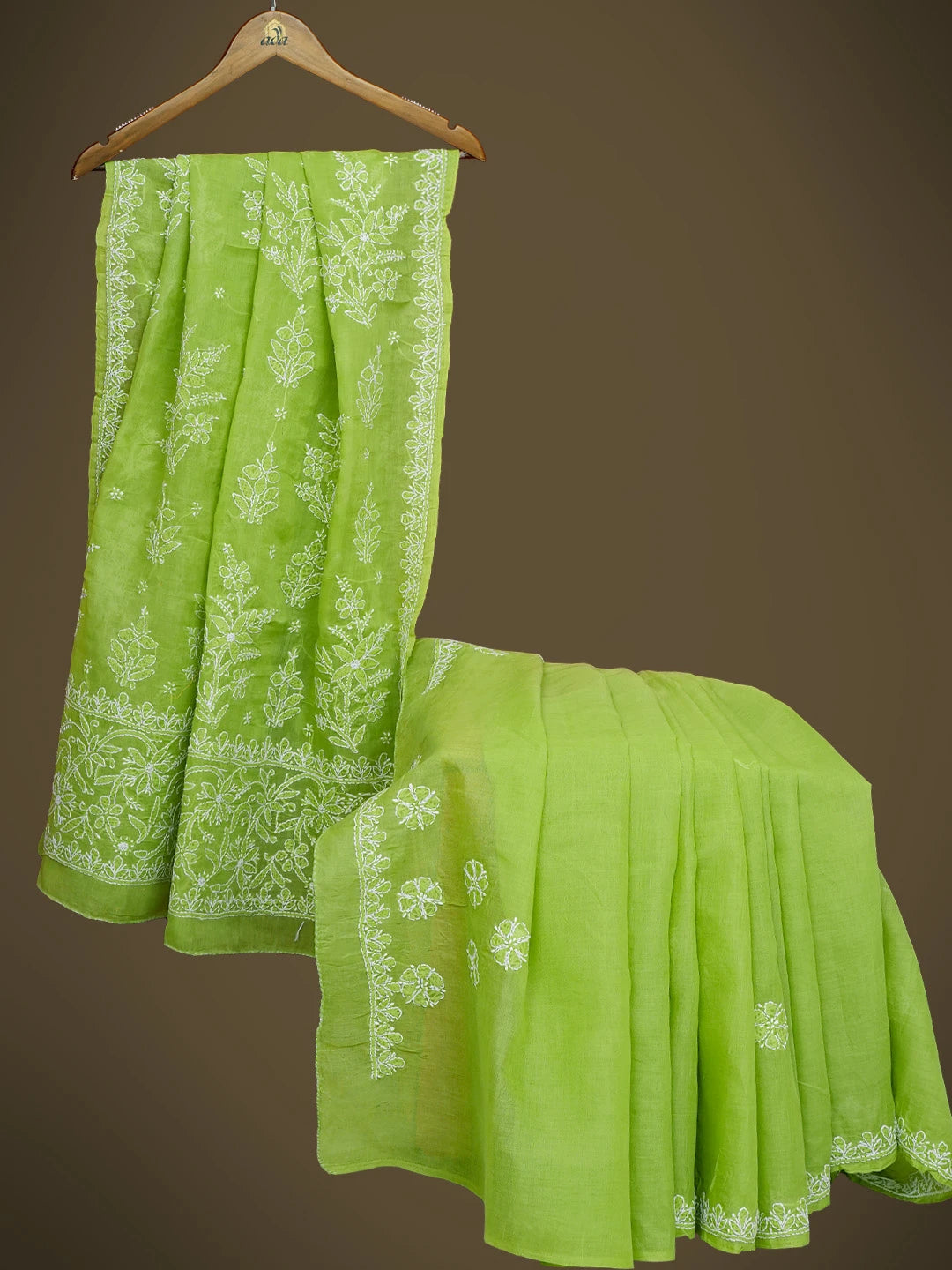 Ada Hand Embroidered Green Cotton Lucknowi Chikankari Saree With Blouse 01A763948