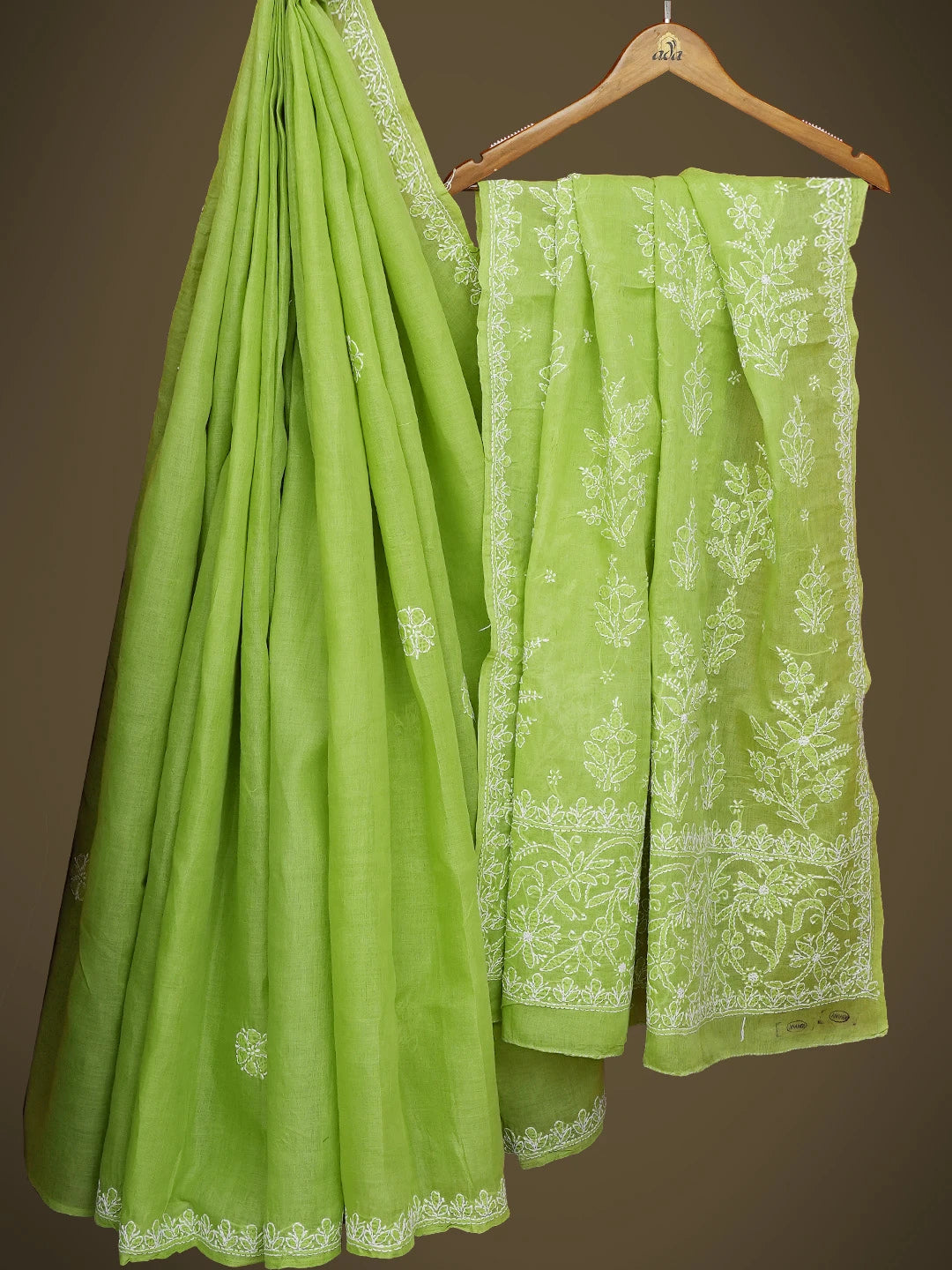 Ada Hand Embroidered Green Cotton Lucknowi Chikankari Saree With Blouse 01A763948