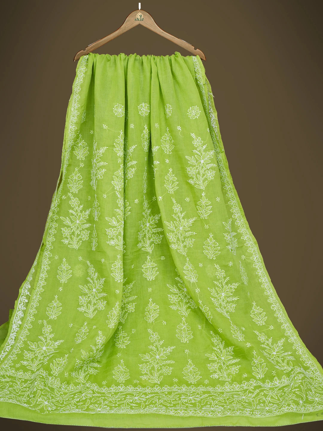Ada Hand Embroidered Green Cotton Lucknowi Chikankari Saree With Blouse 01A763948