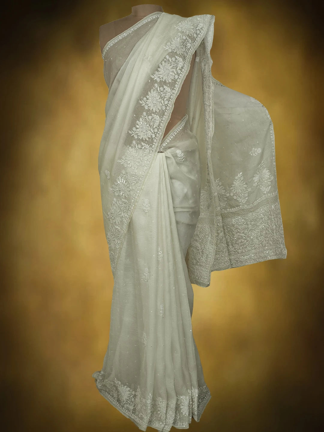 Ada Hand Embroidered White Organza Lucknowi Chikankari Saree and Blouse With Cutdana Work 01A607147