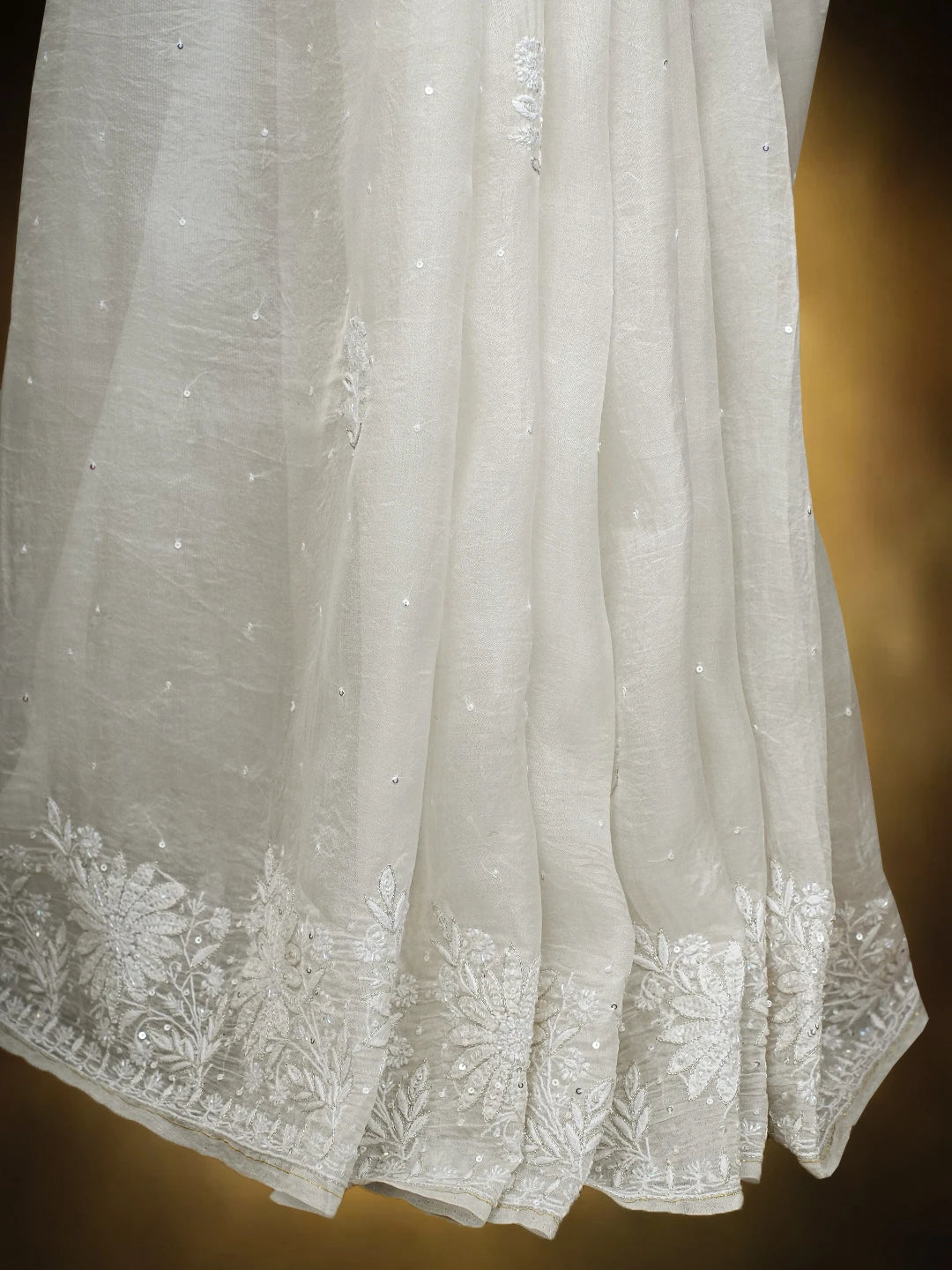Ada Hand Embroidered White Organza Lucknowi Chikankari Saree and Blouse With Cutdana Work 01A607147