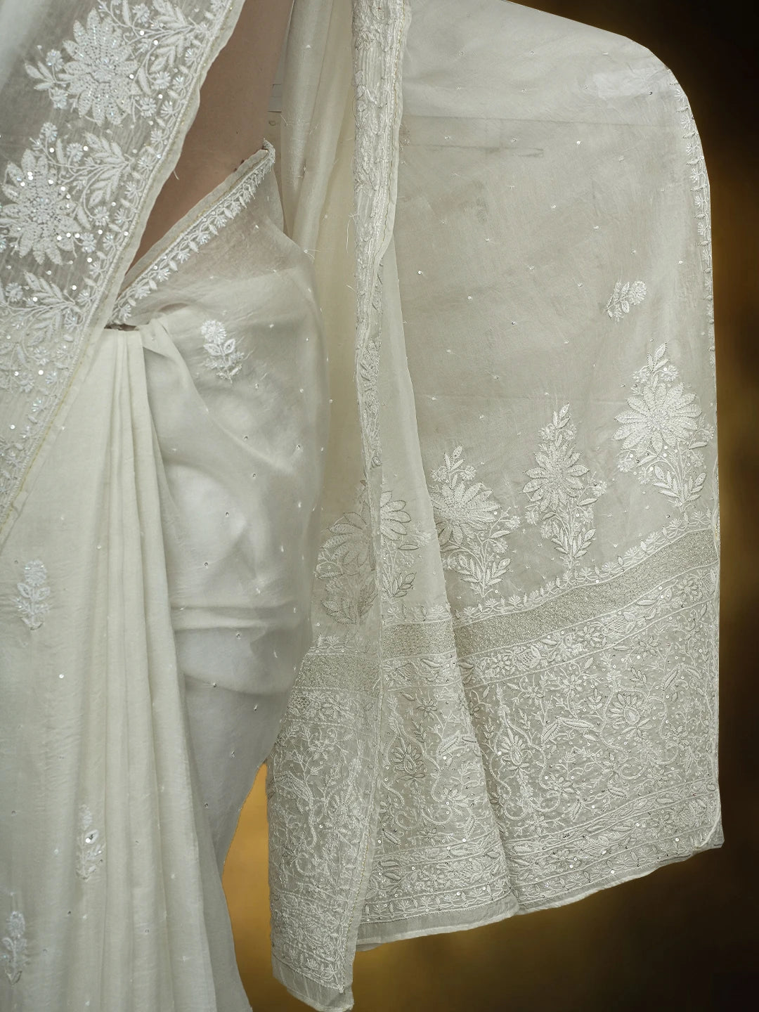 Ada Hand Embroidered White Organza Lucknowi Chikankari Saree and Blouse With Cutdana Work 01A607147