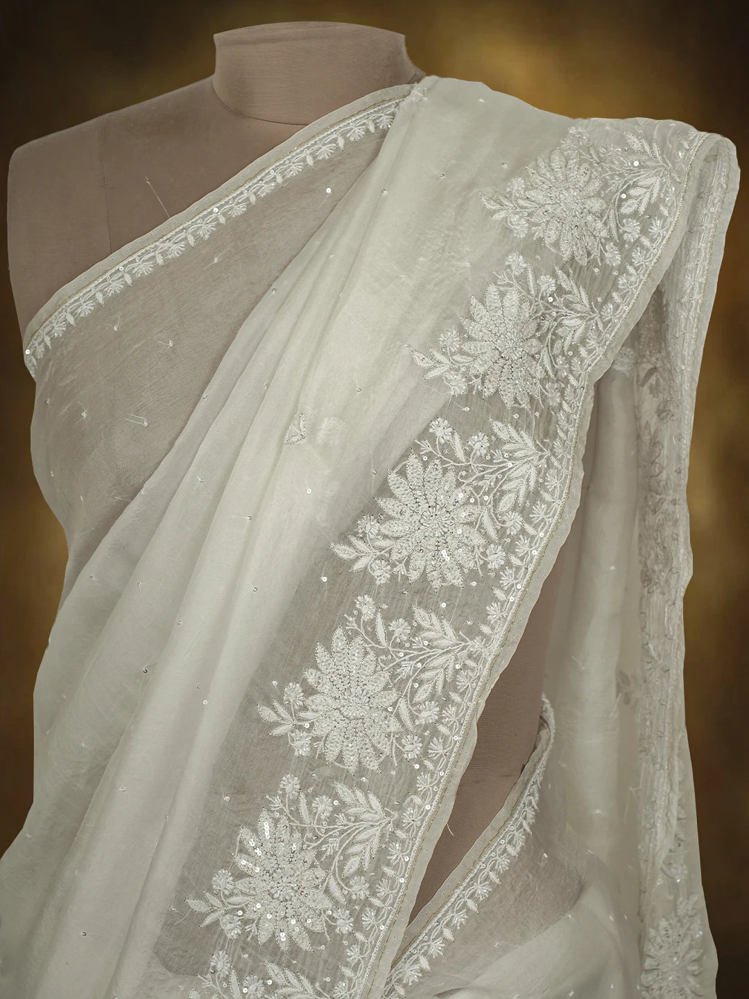 Ada Hand Embroidered White Organza Lucknowi Chikankari Saree and Blouse With Cutdana Work 01A607147